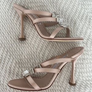 Baby Pink Satin Crystal Strappy High Heels